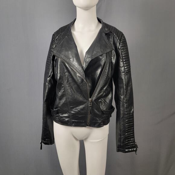 AFTF Basic Black Faux Leather Moto Jacket Quilted Biker Style - Picture 1 of 15